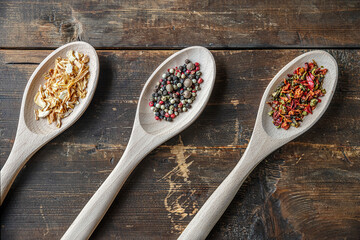 spices dried onions, assorted peppers and paprika flakes on wooden spoons