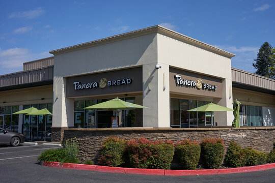 Tigard, OR, USA - May 5, 2020: The Panera Bread location in Tigard, Ore., is open for to-go and delivery amid the COVID pandemic. Panera Bread is a chain store of bakery-caf&eacute; fast casual restaurants.