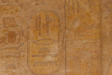 Ancient egyptian hieroglyphs carved on the stone wall