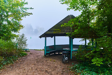 Waldpanorama im Herbst bei Regenwetter und Nebel