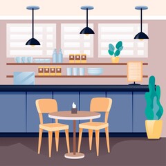 Modern cafe interior design. Empty cosy cafeteria with coffee and tea illustration. Counter with menu, shelves with cups and plates, tables with chairs