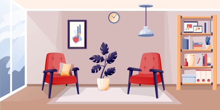 Modern home living room interior design background. Room at home for rest with two armchairs, shelves stand with books, vases, plants. Cosy area for relaxing vector illustration