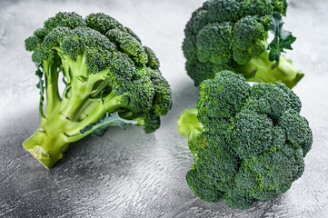 Green raw broccoli cabbage. White background. Top view