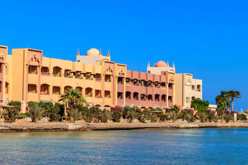 Fototapeta premium View of Red sea coast on the beach in Hurghada, Egypt