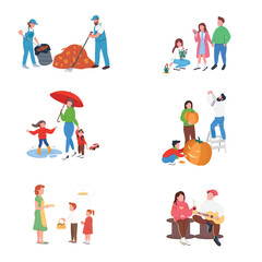 City autumn people flat color vector faceless character set. Couple with guitar, drink. Rest, recreation. Fall activities isolated cartoon illustration for web graphic design and animation collection