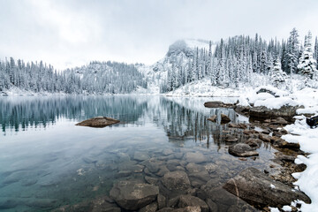 snow covered lake in the mountains