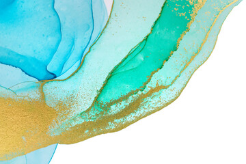 Alcohol ink blue, green and gold abstract stains on white background. Drops watercolor transparent texture.