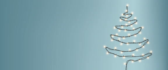 Twinkle lights in christmas tree shape on blue winter background. Holiday poster with lights string