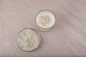 Misugaru Latte or Misutgaru. Healthy Korean multigrain shake. Popular homemade breakfast drink. Protein smoothie and roasted multi grain powder. Top view