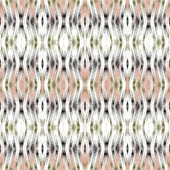 Seamless ikat pattern.Pink, black, swamp zigzag stripes on white background.