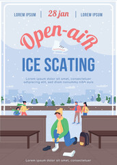 Open air ice skating poster flat vector template. Christmas holiday. Family spend time together. Brochure, booklet one page concept design with cartoon characters. Winter fun activity flyer, leaflet