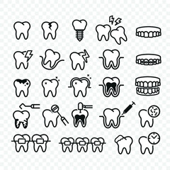 Vector image. Collection of grinding wheels icons. Image of cavities, molar implant and toothache.