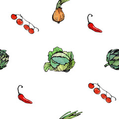 Seamless pattern illustratoin with vegetables(onion,chery tomato,red pepper,chili,artichoke,cabbage) isolated on white background
