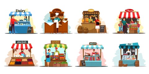 Street market stalls and kiosks with food illustration set. Outdoor local fair vector. Groceries, fish, honey, flowers, vegetables, fruits, meat, bakery, dairy stores. Wooden booth with merchants