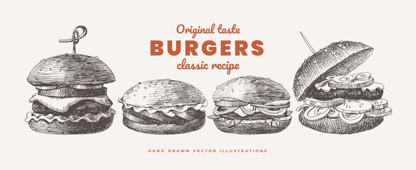 Set of hand-drawn burgers and hamburgers. Bun with cutlet, cheese, and vegetables, street food. Design element for menu, restaurant, internet food delivery. Vector illustration in vintage style. - obrazy, fototapety, plakaty