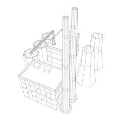 Industrial building factorie facilitie power plant. Wireframe low poly mesh vector illustration.