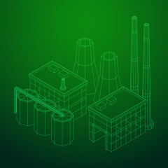 Industrial building factorie facilitie power plant. Wireframe low poly mesh vector illustration.