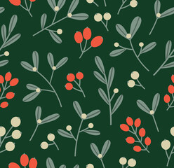 Seamless pattern of winter plants: berries and mistletoe. Hand-drawn Christmas plants on a green background. Suitable for wrapping paper, fabric, decoration. Winter holidays concept.