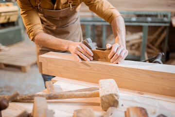 Carpenter working with a wood in the workshop