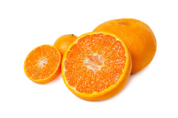 Ripe tangerines and slices isolated on white background