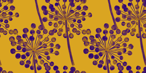 Seamless pattern of dried flowers drawn in pencil on a gold background.