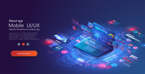Application of laptop with business graph and analytics data on isometric laptop . Analysis trends and financial strategy by using infographic chart. Website UI/UX concept based isometric landing page