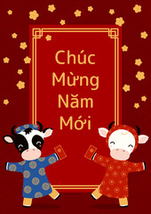 2021 Vietnamese New Year Tet illustration, cute buffalo in ao dai, red envelope, apricot flowers, Vietnamese text Happy New Year. Hand drawn vector. Flat style design. Concept holiday poster, banner.