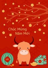2021 Vietnamese New Year Tet illustration, cute buffalo, rice cakes, watermelon, gold, apricot flowers, Vietnamese text Happy New Year. Hand drawn vector. Flat design. Concept card, poster, banner.