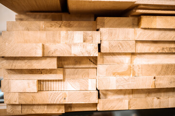 Pile of pine planks at the warehouse