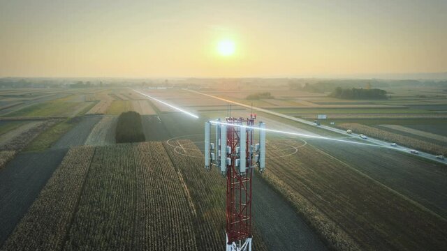Futuristic 5G telecommunications transmission tower, AI technology IoT concept