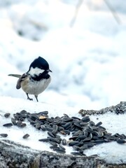 A small forest bird sits on a snow-covered tree stump with seeds.