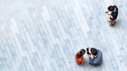 Human life in Social distance. Aerial top view with blur men and people with smartphone and group...