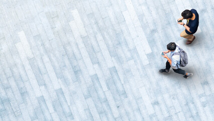 Human life in Social distance. Aerial top view with blur men with smartphone and group of people...