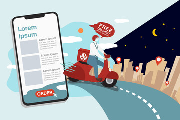 Delivery man is fast riding motorcycle in the city thru mobile phone all day and night.
Template for Online Shopping. Vector Illustration concept design