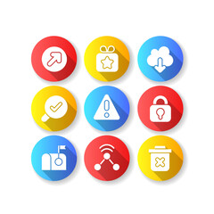 Fototapeta premium Interface for better usability flat design long shadow glyph icons set. Blocking delete functionality on your smartphone. Downloading big data files. Silhouette RGB color illustration