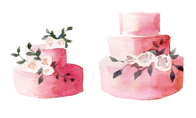 Watercolor illustration delicious
wedding cakes decorated with flowers