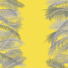 Fototapeta na wymiar Frame from branches of palm tree in yellow and gray. Color trends 2021 Ultimate gray and Illuminating Yellow. Palm leaves on a yellow sunny background. Vector illustration. Border with place for text
