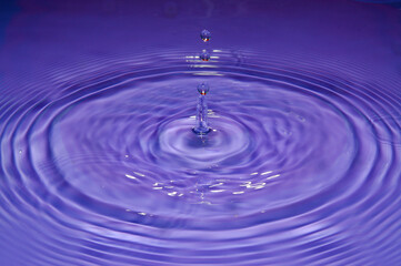 Water droplet impact frozen splash with droplets and concentric rings