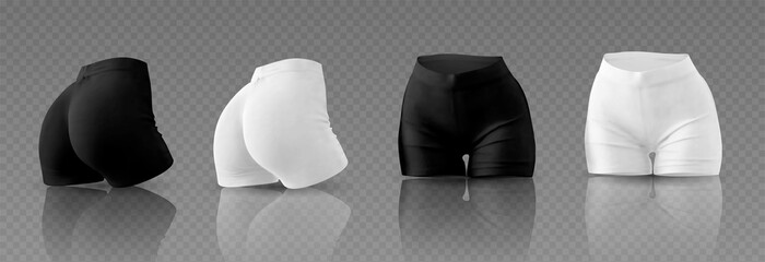 Women's black and white cycling  shorts mockup in different positions. Vector illustration