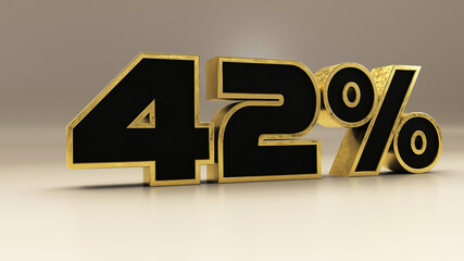 42 percent 3d gold and black luxury text isolated on white, 3d render illustration