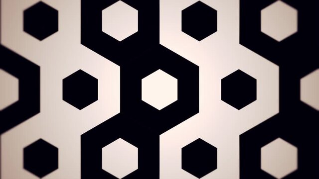 Optical art black and white 4k animation of hexagonal honeycomb pattern with concentric shapes getting bigger. Seamless loop. 