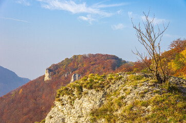 Fototapeta na wymiar Autumn mountainscape with limestone rocks and bushes on the Swabian Jura at the Alb escarpment near Lichtenstein, Baden-Württemberg, Germany.
