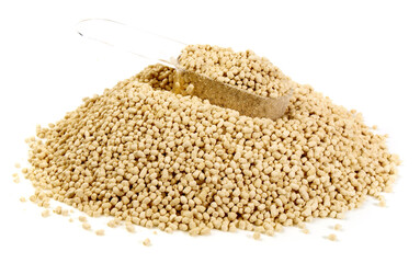 Soy Bean Lecithin with Plastic Spoon on white Background Isolated