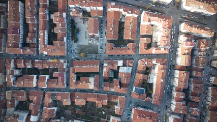 Aerial view of city buildings and streets. high altitude.