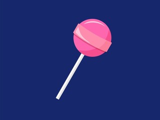 Lollipop sweet on stick icon. Pink caramel ball with strip on white leg bright candy with vector gum inside.