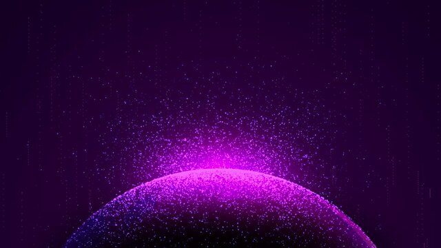 purple planet with particles on dark background, animation