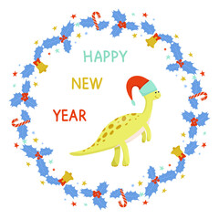 New year card with christmas whreath and cute dinosaur wearing a santa claus hat.