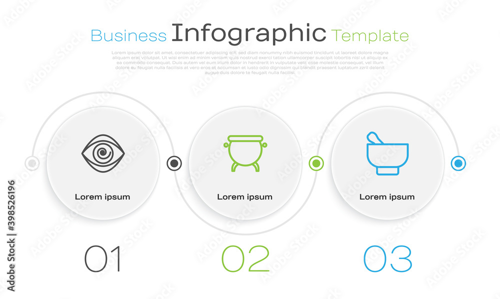 Poster Set line Hypnosis, Witch cauldron and Magic mortar and pestle. Business infographic template. Vector.