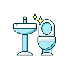 Cleaning bathroom RGB color icon. Housekeeping. Professional janitorial service. Ceramic lavatory appliances. Clean sink and toilet. Isolated vector illustration