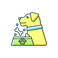 Pet feeding RGB color icon. Taking care about domestic animals. Household chore, pet shop service. Puppy and bowl with dog food. Isolated vector illustration